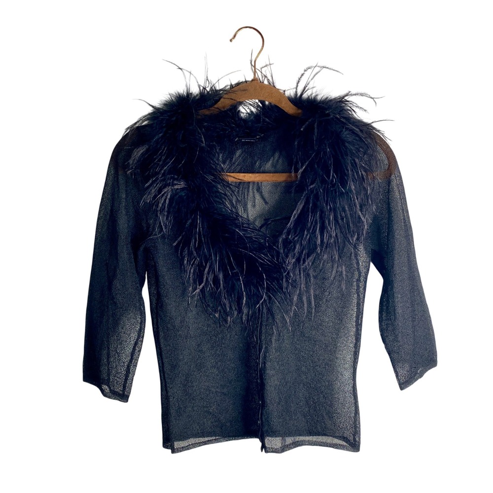 VTG Betsey Johnson 90s Y2K Black Sheer Knit Feather Collar Cardigan Top Small